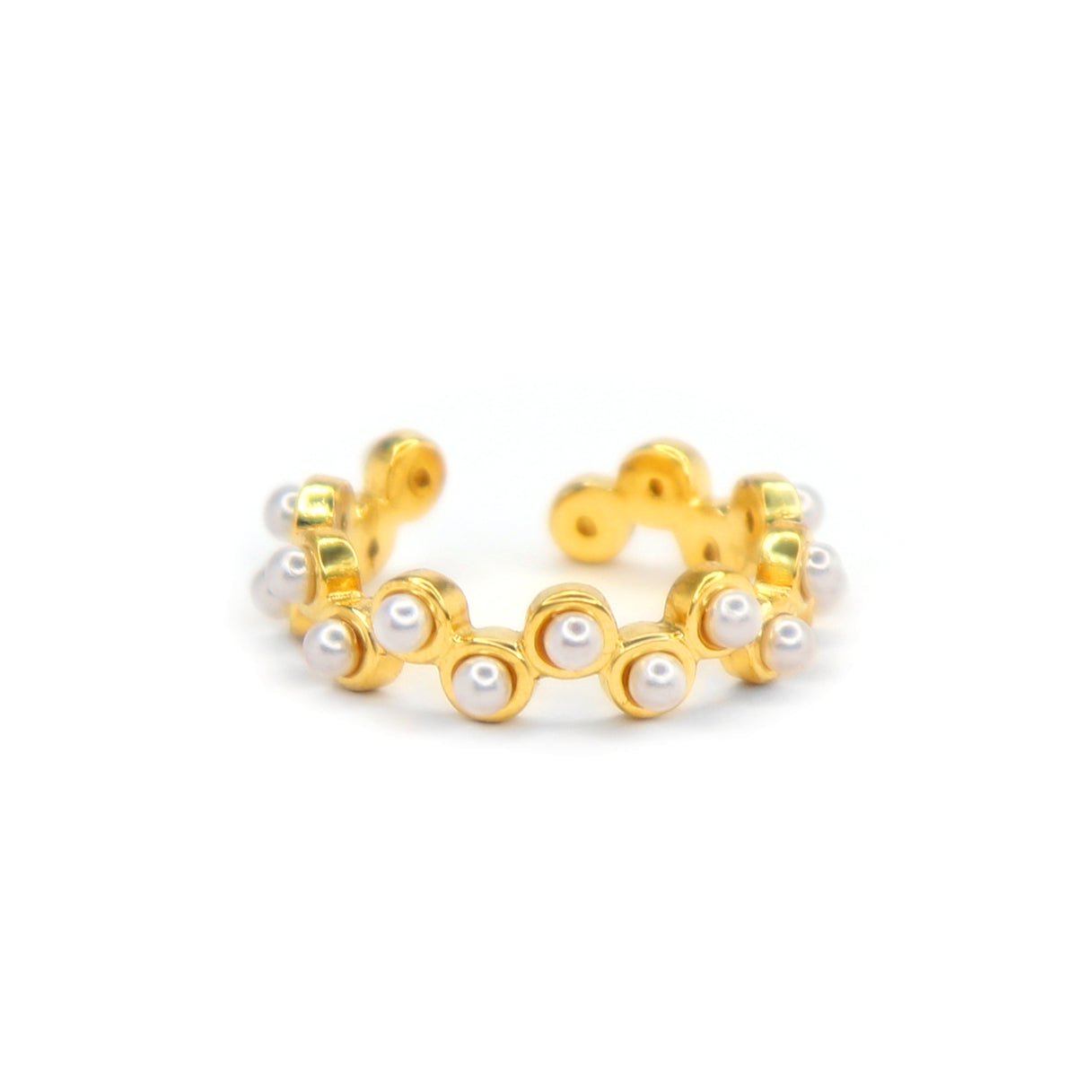 Gold hoop earrings with pearl accents on a white background