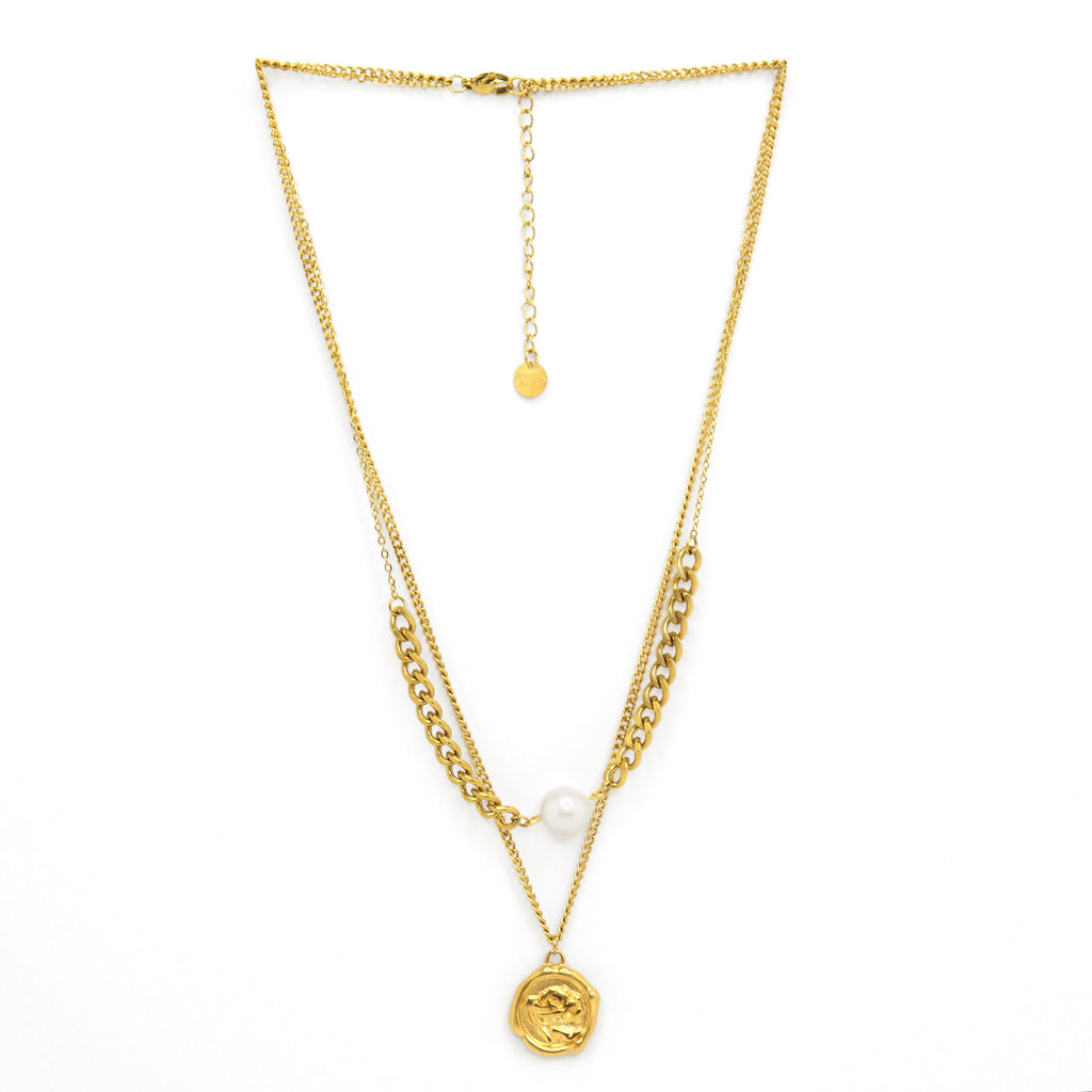 SOHIRA Rose Pearl Double Layer Necklace | 18K Gold Plated