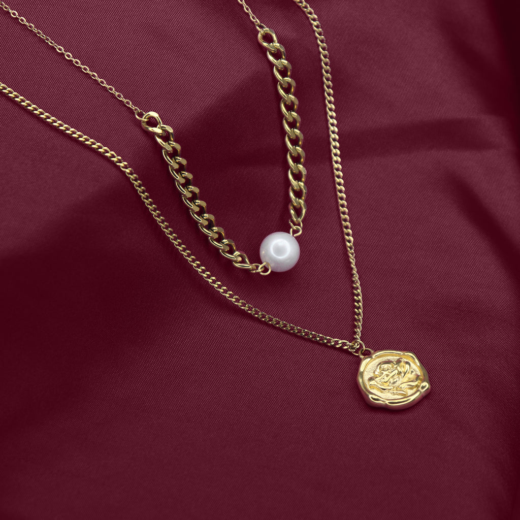 SOHIRA Rose Pearl Double Layer Necklace | 18K Gold Plated