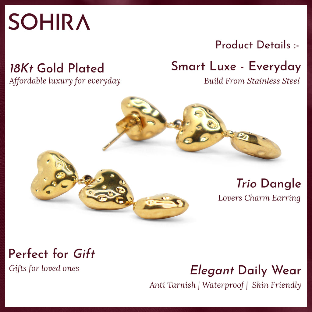 Lover's Trio Dangle Earring | 18K Gold Plated | Anti Tarnish Jewellery