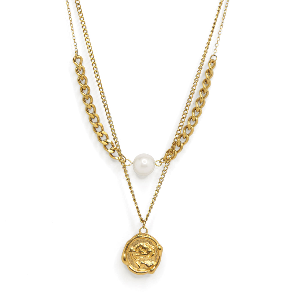 SOHIRA Rose Pearl Double Layer Necklace | 18K Gold Plated