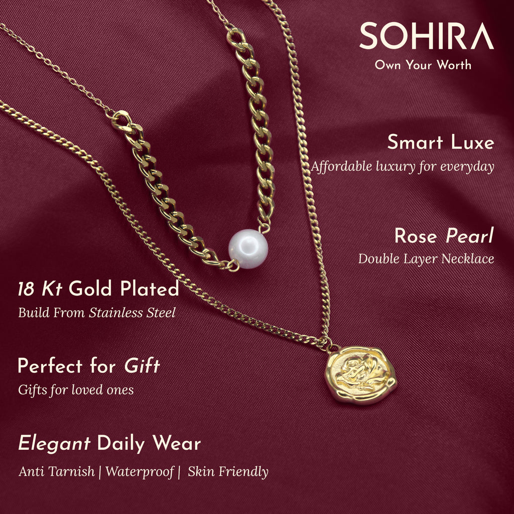 Rose Pearl Double Layer Necklace | 18K Gold Plated | Anti Tarnish Jewellery