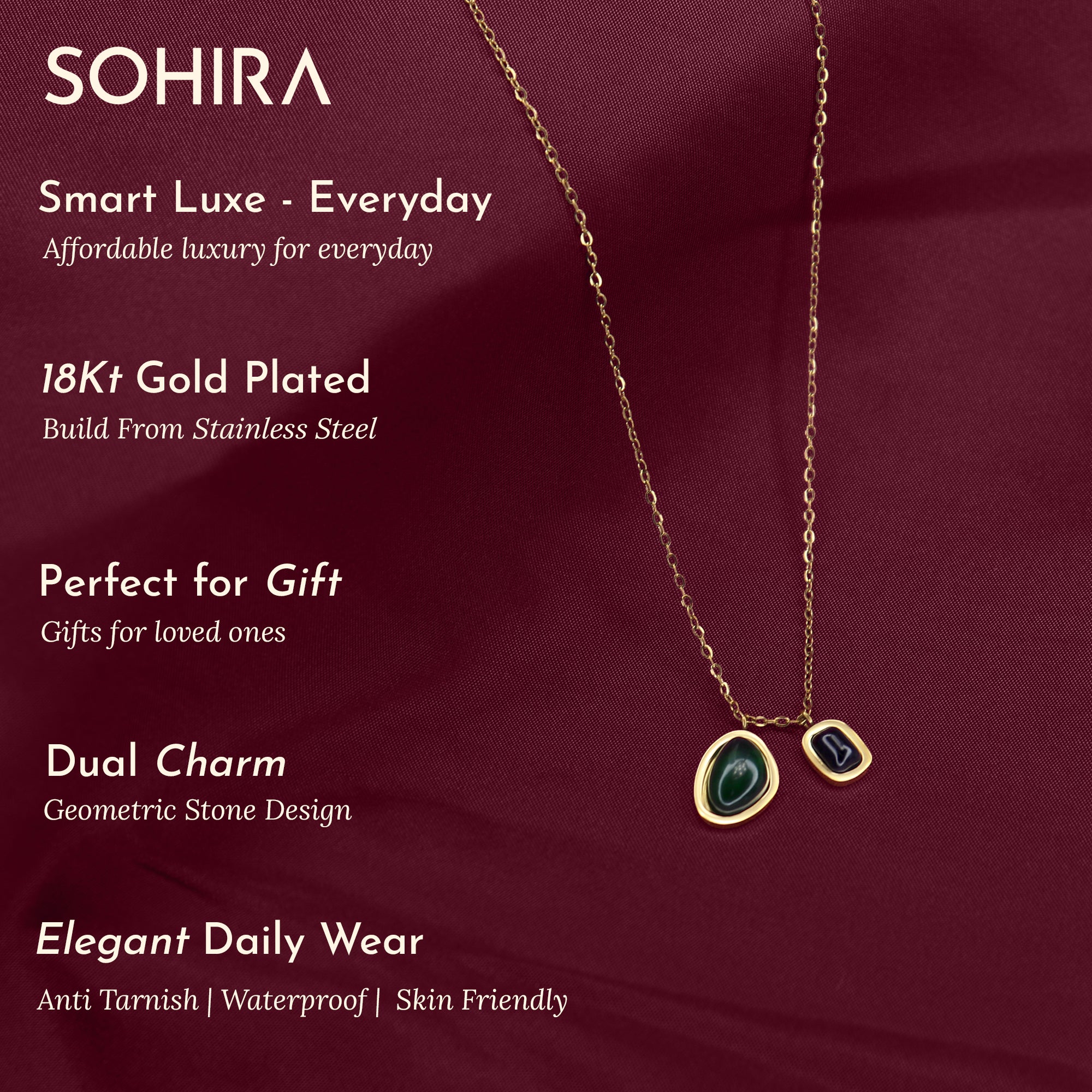 Dual Charm Gemstone Necklace | 18K Gold Plated | Anti Tarnish Jewellery