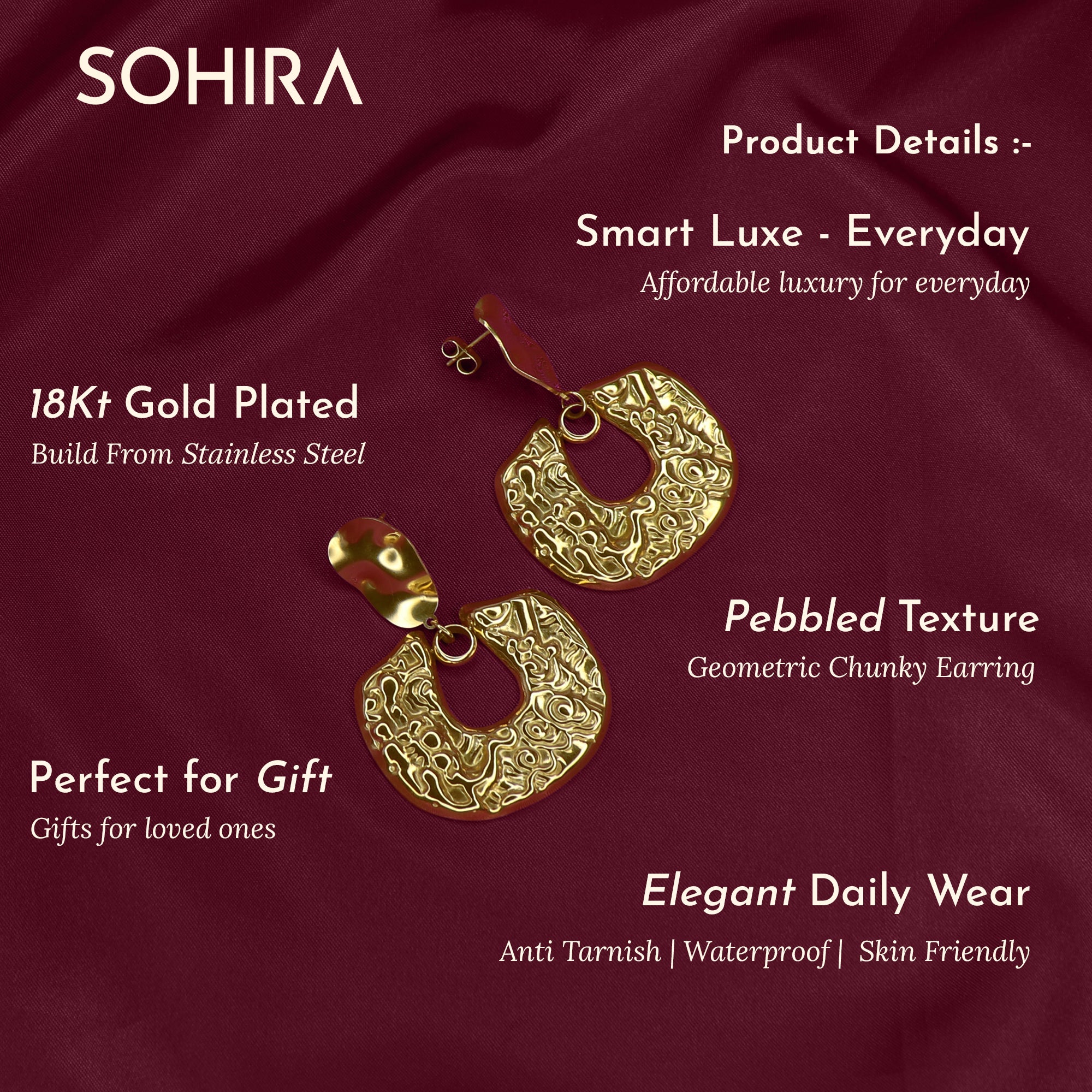 SOHIRA  Pebbled Square Chunky Earring | 18K Gold Plated