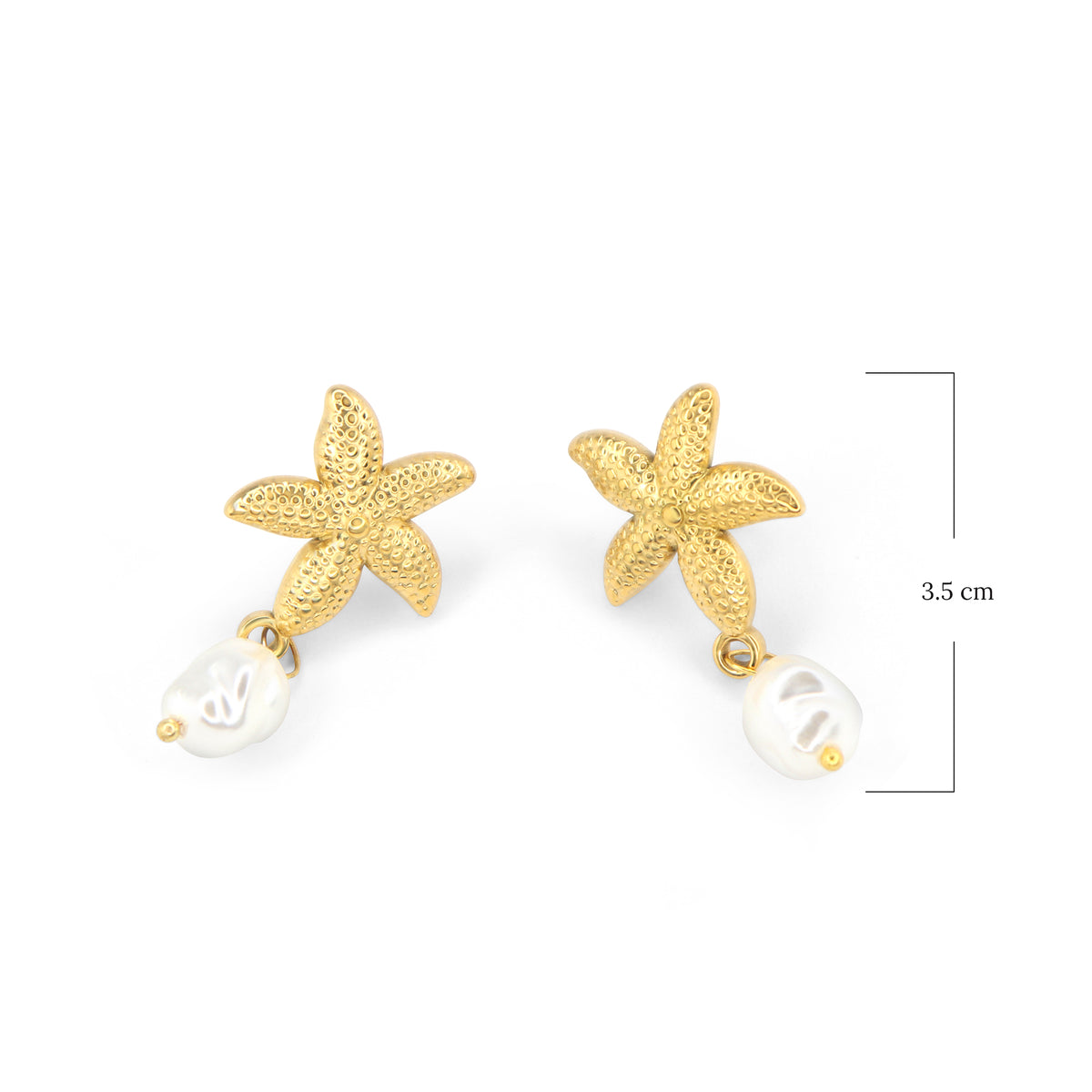 Gold starfish earrings with pearl drops on a white background