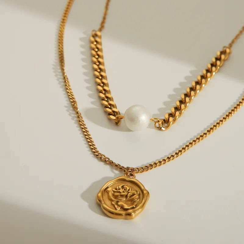 Rose Pearl Double Layer Necklace | 18K Gold Plated
